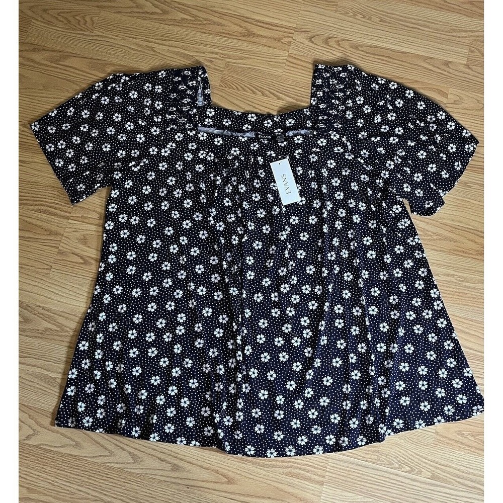 New Evans Womens Navy Daisy Dot Smock Square Neck Tunic Blouse Top 26/28 4XL